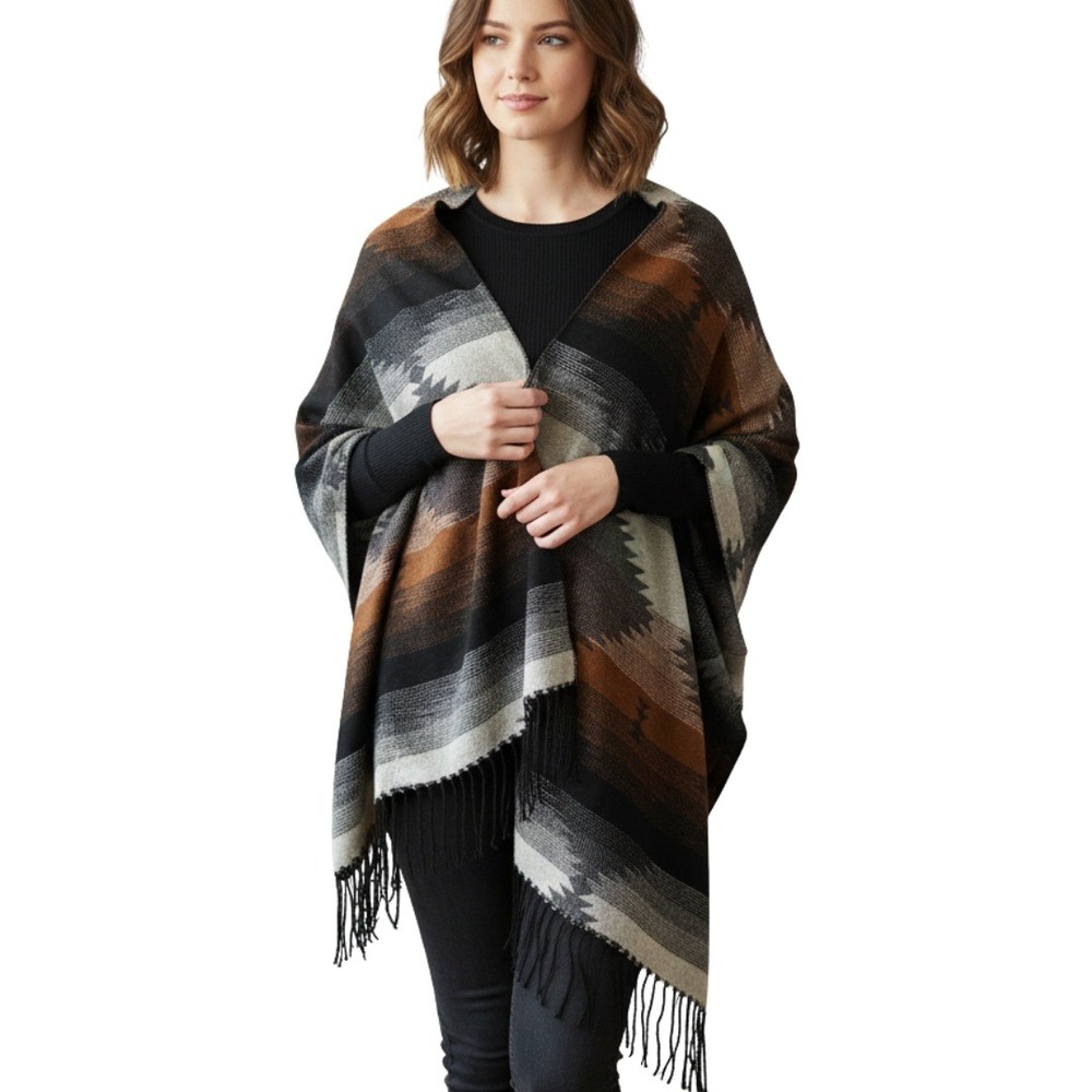 L.I.B Aztec Pattern Fringe Poncho Wrap Shawl Brown Black Gray OS NWT